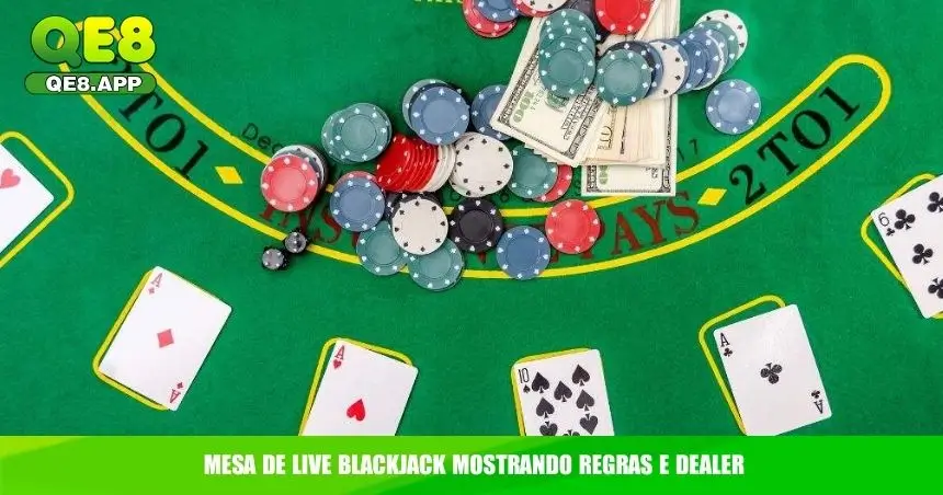Mesa de Live blackjack mostrando regras e dealer